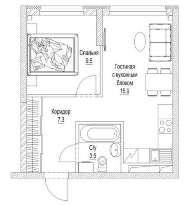 Планировка 2е-к.кв 38.10 м² в ЖК «Сити-парк. Кемерово»