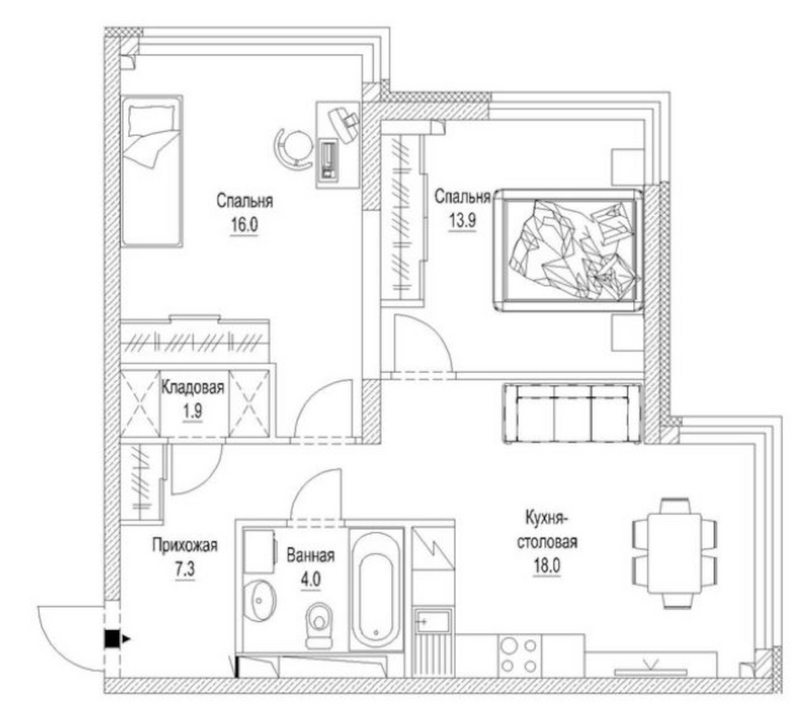 Планировка 2-к.кв 63.80 м² в ЖК «Сити-парк. Кемерово»