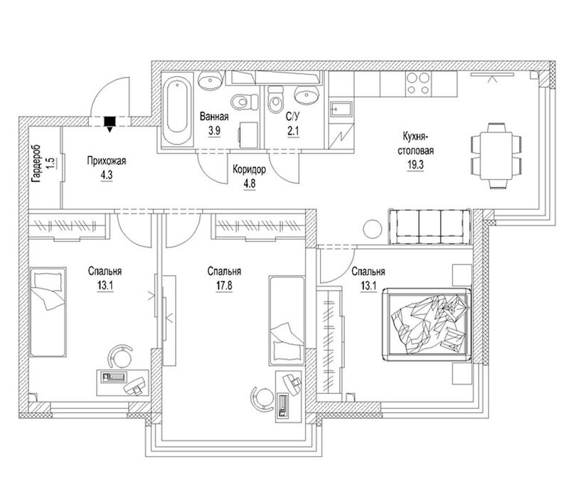 Планировка 2-к.кв 66.10 м² в ЖК «Сити-парк. Кемерово»