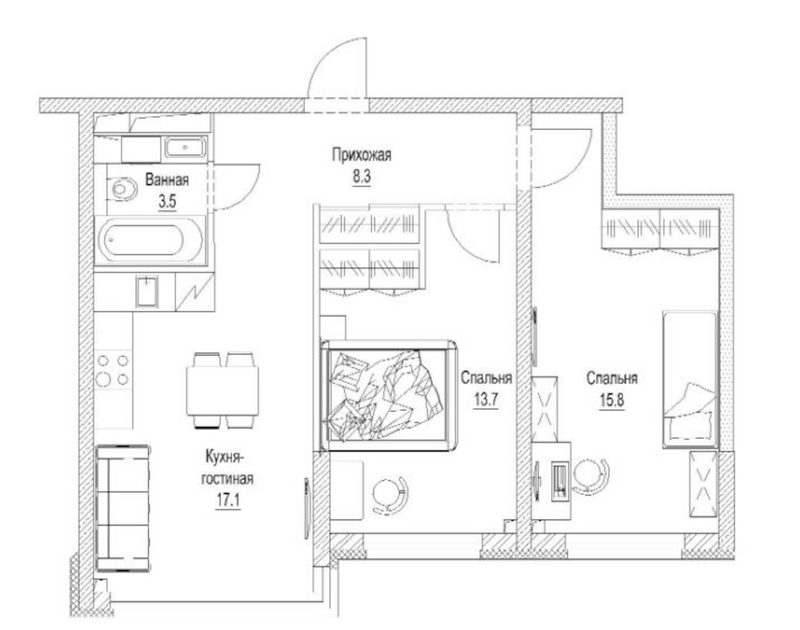 Планировка 2-к.кв 60.40 м² в ЖК «Сити-парк. Кемерово»
