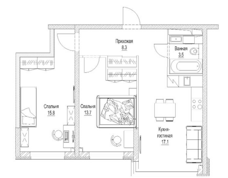 Планировка 2-к.кв 60.40 м² в ЖК «Сити-парк. Кемерово»