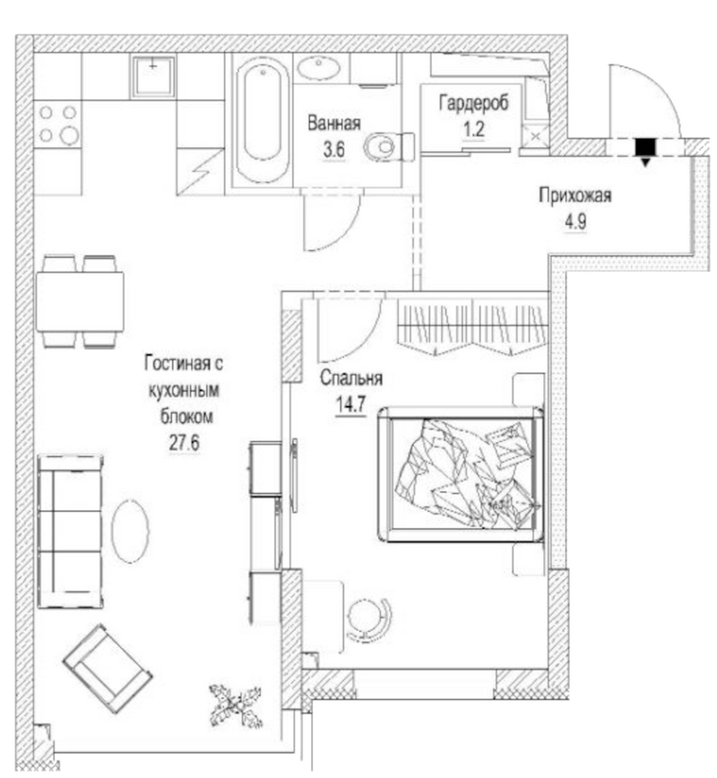 Планировка 2е-к.кв 54.70 м² в ЖК «Сити-парк. Кемерово»