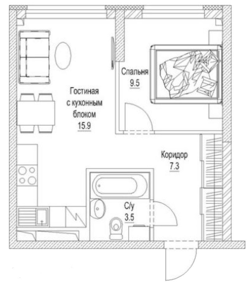 Планировка 2е-к.кв 38.10 м² в ЖК «Сити-парк. Кемерово»