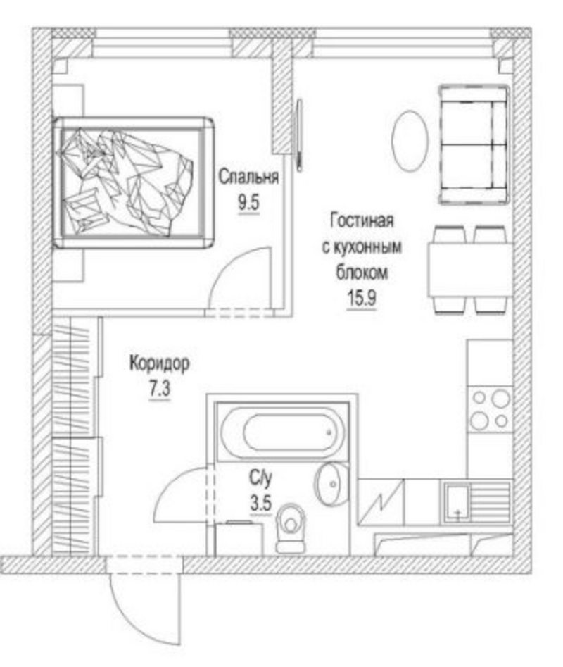 Планировка 2е-к.кв 38.10 м² в ЖК «Сити-парк. Кемерово»