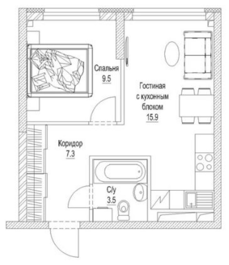Планировка 2е-к.кв 38.10 м² в ЖК «Сити-парк. Кемерово»