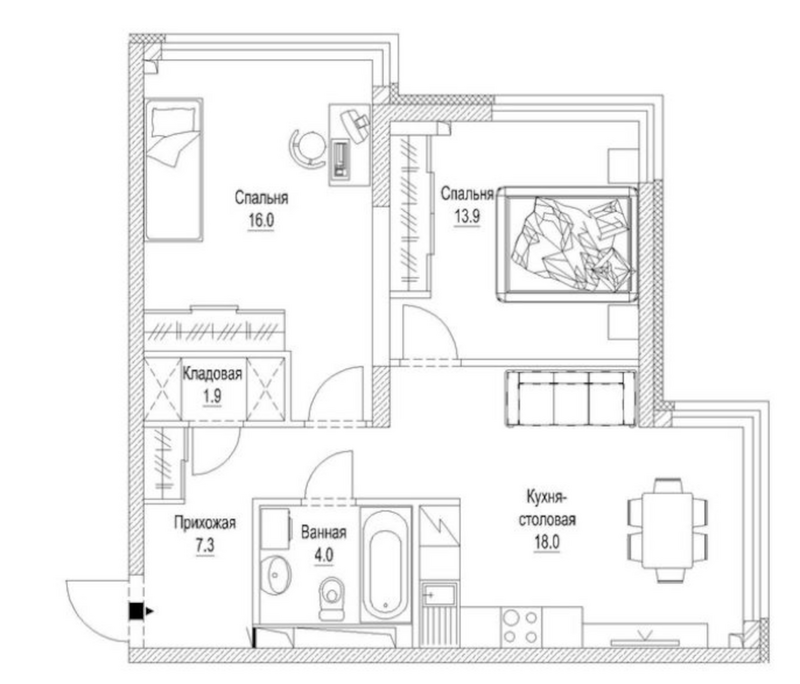 Планировка 2-к.кв 63.80 м² в ЖК «Сити-парк. Кемерово»