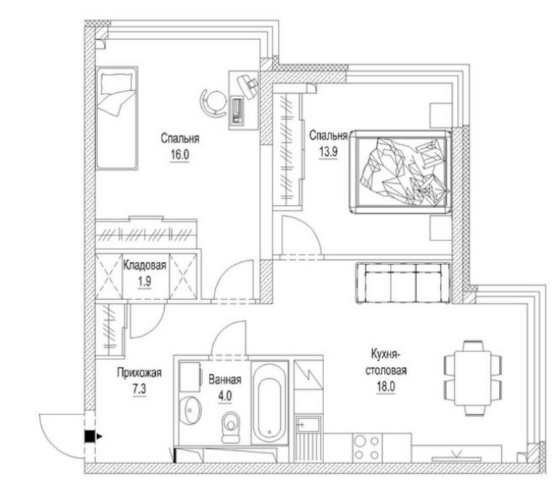 Планировка 2-к. квартира 63.80 м² в ЖК «Сити-парк. Кемерово»
