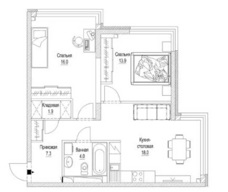 Планировка 2-к.кв 63.80 м² в ЖК «Сити-парк. Кемерово»