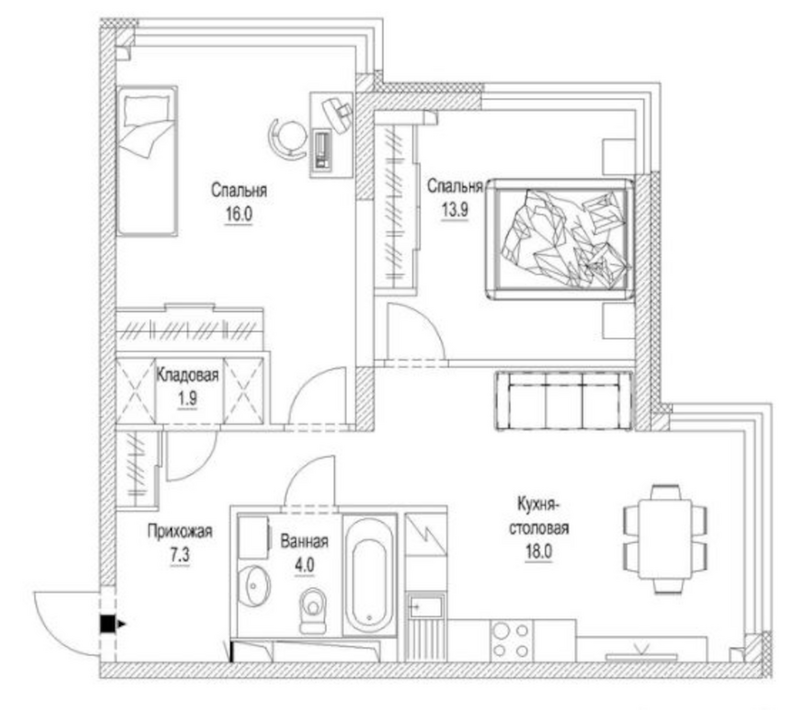 Планировка 2-к.кв 63.80 м² в ЖК «Сити-парк. Кемерово»