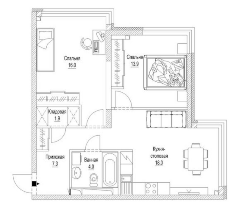 Планировка 2-к.кв 63.80 м² в ЖК «Сити-парк. Кемерово»
