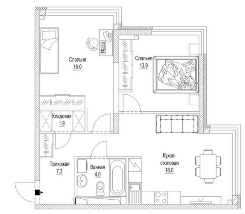 Планировка 2-к. квартира 63.80 м² в ЖК «Сити-парк. Кемерово»