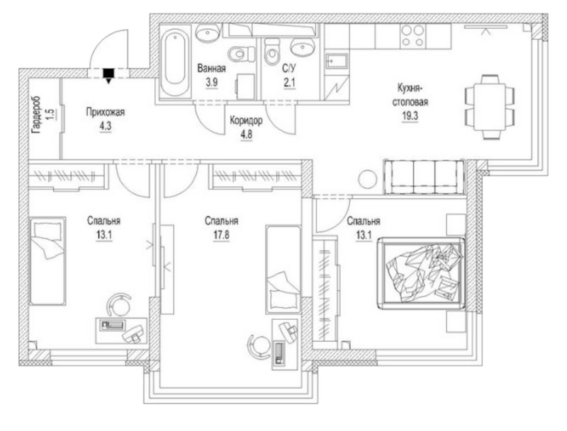 Планировка 3-к. квартира 83.40 м² в ЖК «Сити-парк. Кемерово»
