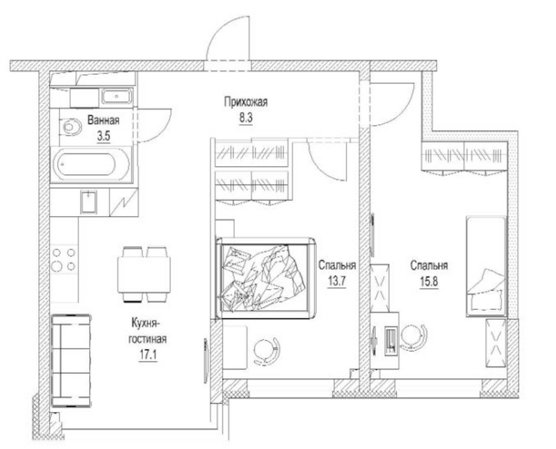 Планировка 2-к. квартира 60.40 м² в ЖК «Сити-парк. Кемерово»