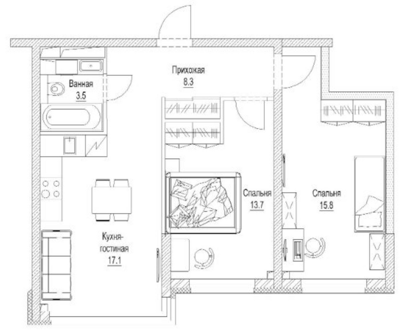 Планировка 2-к.кв 60.40 м² в ЖК «Сити-парк. Кемерово»
