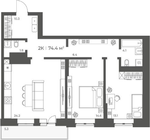 Планировка 3е-к.кв 74.41 м² в ЖК «Черемушки на Приморской»