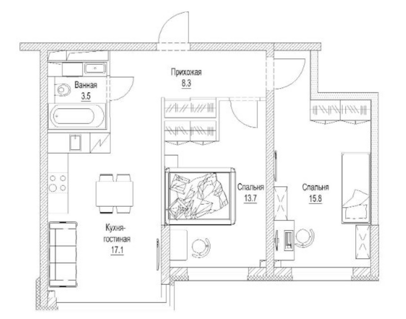 Планировка 2-к. квартира 60.40 м² в ЖК «Сити-парк. Кемерово»