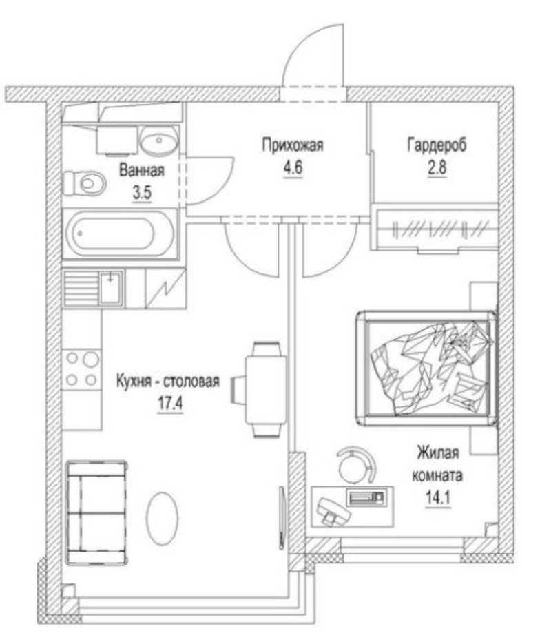 Планировка 1-к. квартира 44.40 м² в ЖК «Сити-парк. Кемерово»