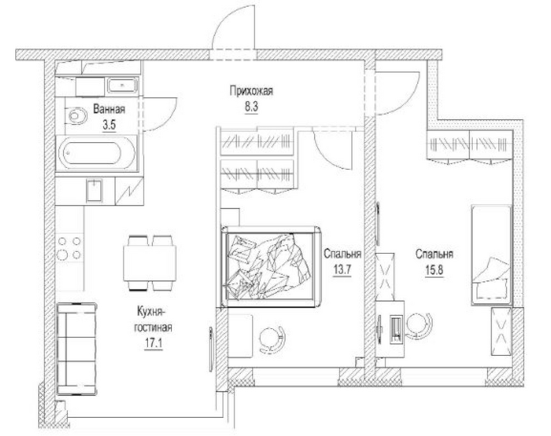 Планировка 2-к. квартира 60.40 м² в ЖК «Сити-парк. Кемерово»
