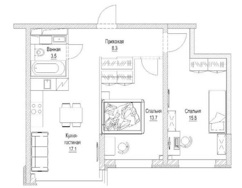 Планировка 2-к.кв 60.40 м² в ЖК «Сити-парк. Кемерово»