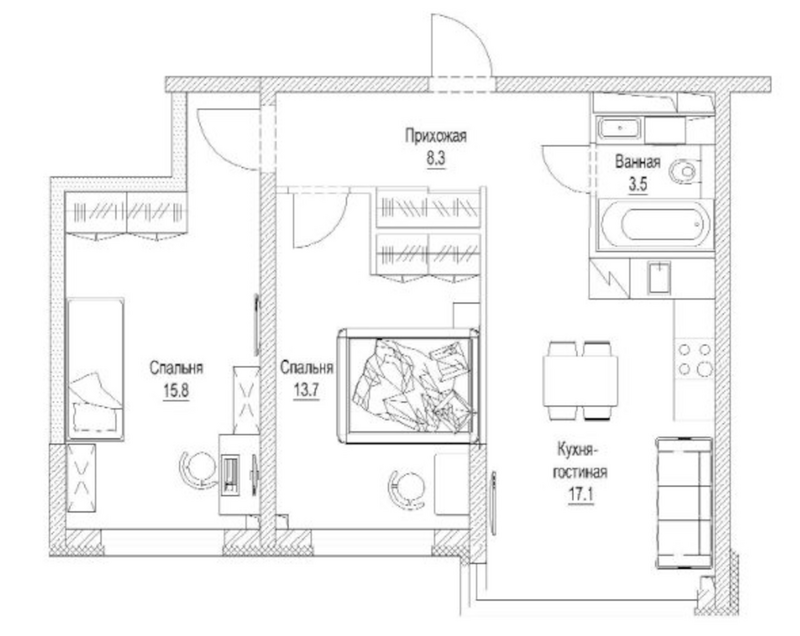 Планировка 2-к. квартира 60.40 м² в ЖК «Сити-парк. Кемерово»