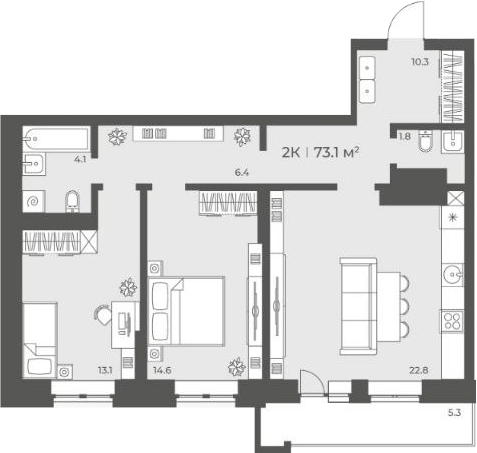 Планировка 3е-к.кв 74.24 м² в ЖК «Черемушки на Приморской»