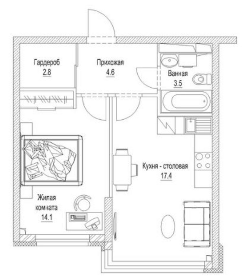 Планировка 1-к. квартира 44.40 м² в ЖК «Сити-парк. Кемерово»