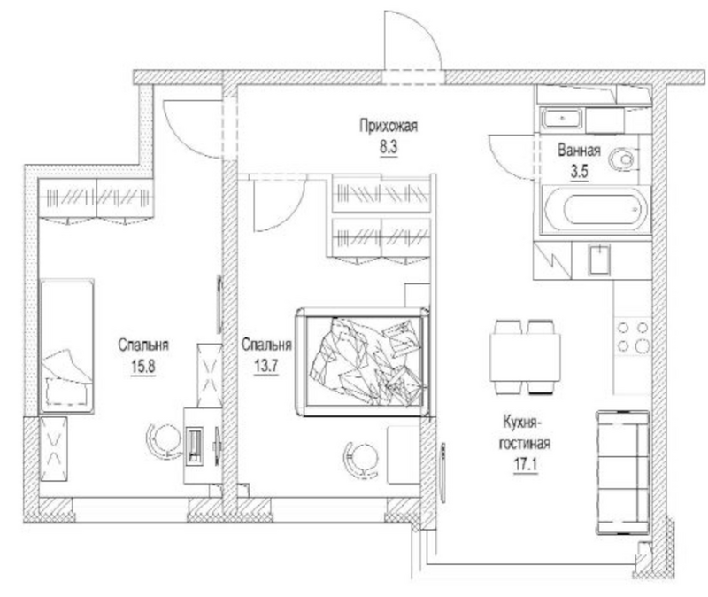 Планировка 2-к.кв 60.40 м² в ЖК «Сити-парк. Кемерово»