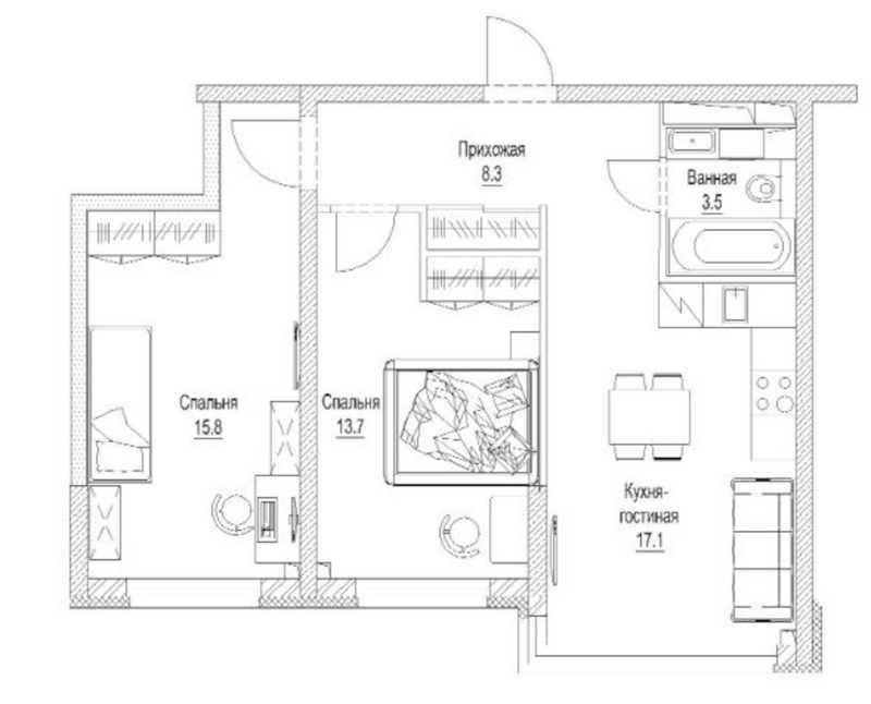 Планировка 2-к. квартира 60.40 м² в ЖК «Сити-парк. Кемерово»