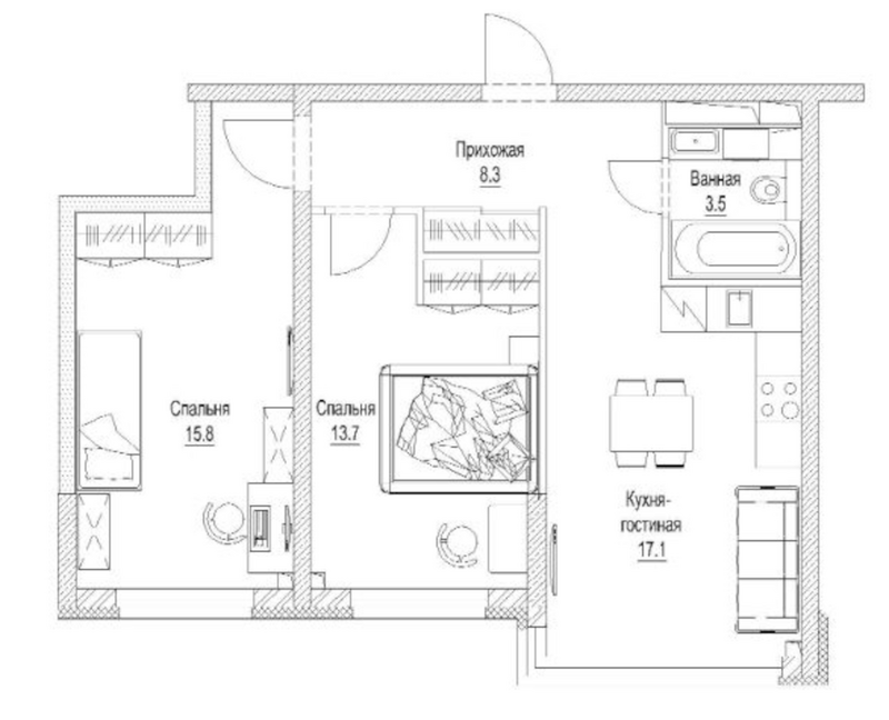 Планировка 2-к. квартира 60.40 м² в ЖК «Сити-парк. Кемерово»