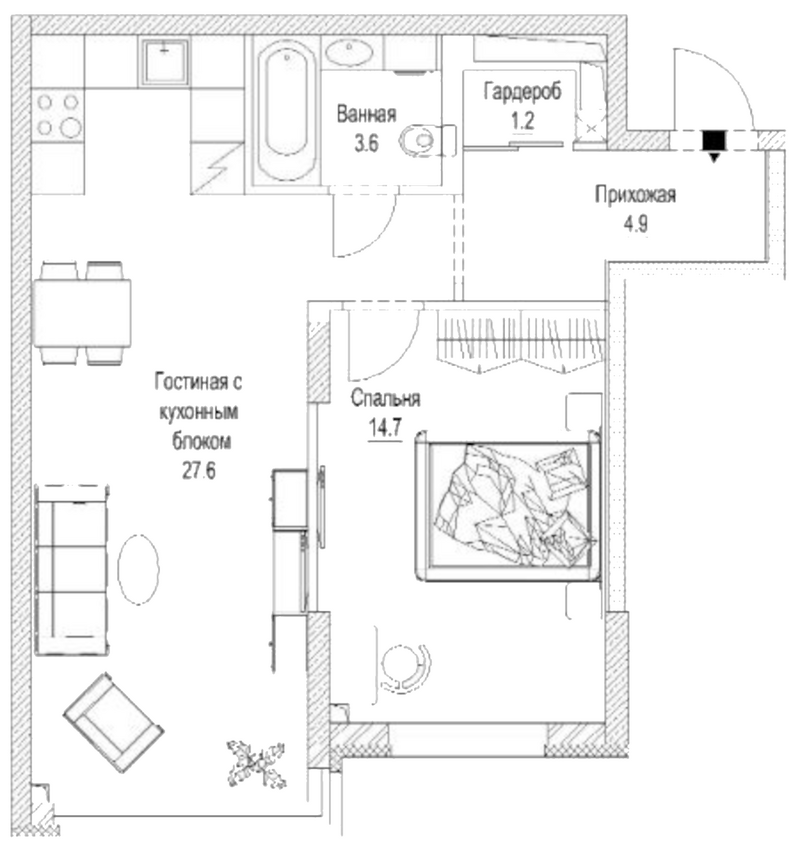 Планировка 2е-к. квартира 54.70 м² в ЖК «Сити-парк. Кемерово»