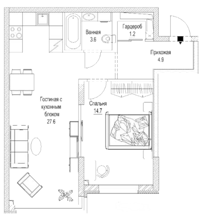Планировка 2е-к. квартира 54.70 м² в ЖК «Сити-парк. Кемерово»