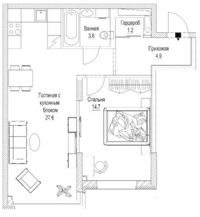 Планировка 2е-к. квартира 54.70 м² в ЖК «Сити-парк. Кемерово»