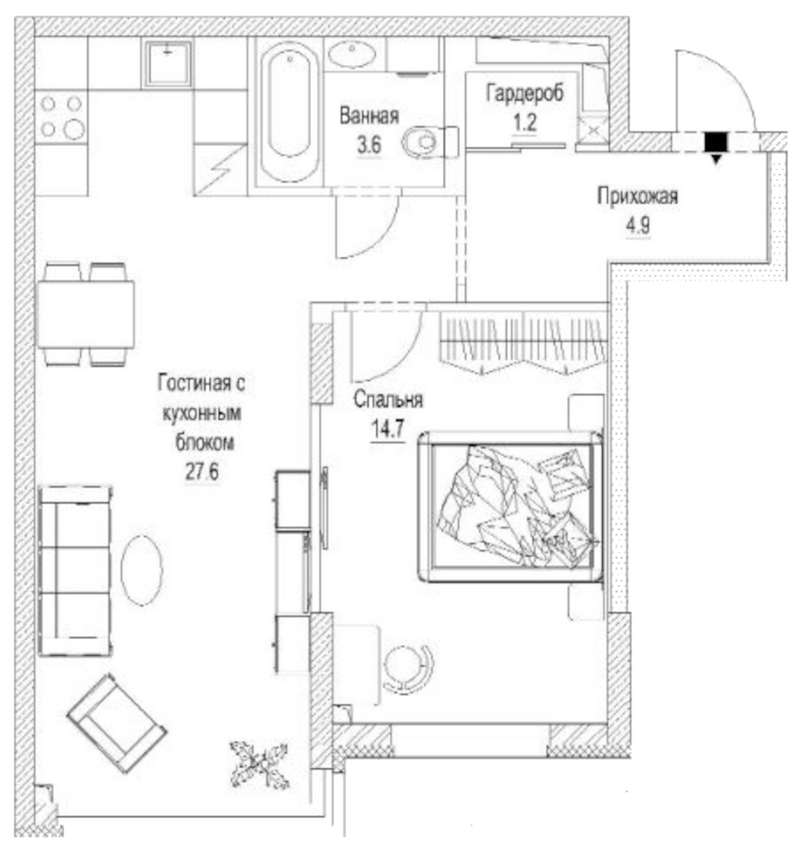 Планировка 2е-к. квартира 54.70 м² в ЖК «Сити-парк. Кемерово»