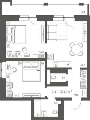 Планировка 3е-к.кв 61.75 м² в ЖК «Черемушки на Приморской»
