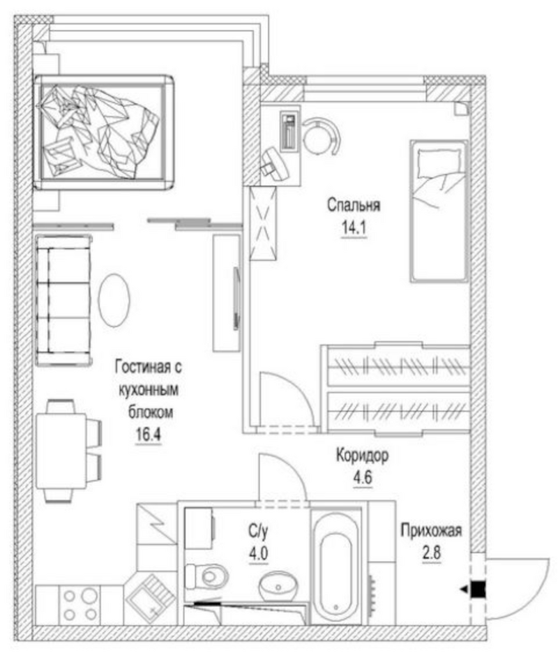 Планировка 2-к.кв 52.60 м² в ЖК «Сити-парк. Кемерово»