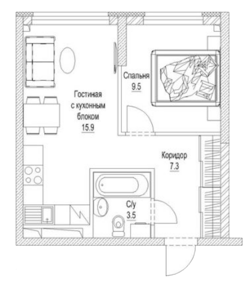 Планировка 2е-к. квартира 38.10 м² в ЖК «Сити-парк. Кемерово»