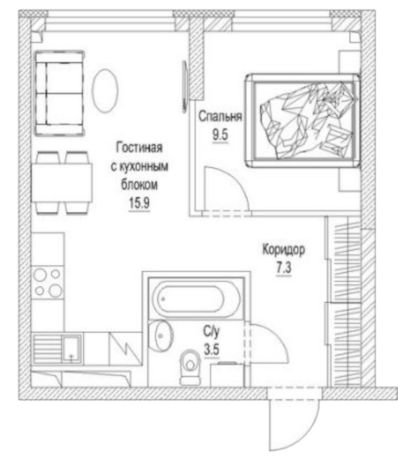Планировка 2е-к.кв 38.10 м² в ЖК «Сити-парк. Кемерово»
