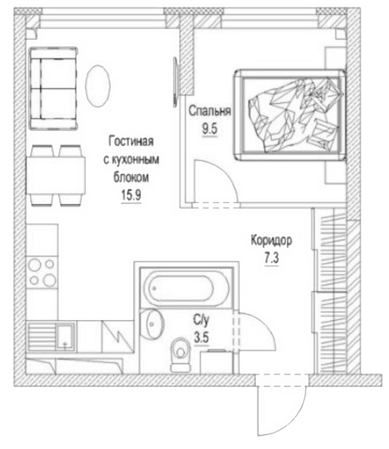 Планировка 2е-к.кв 38.10 м² в ЖК «Сити-парк. Кемерово»