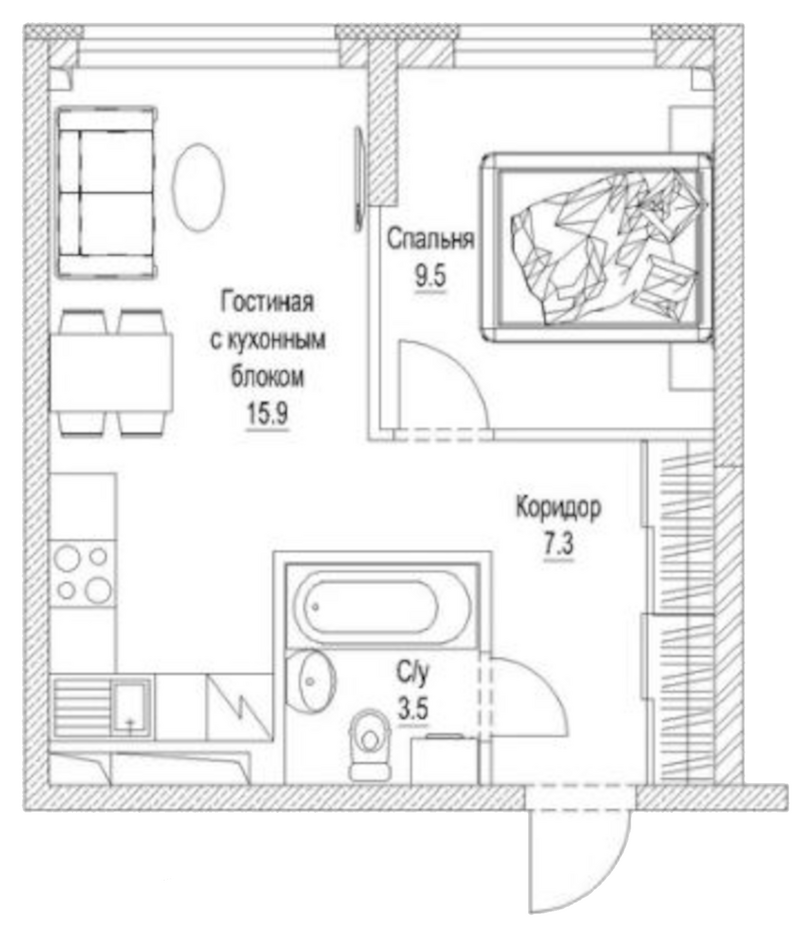 Планировка 2е-к.кв 38.10 м² в ЖК «Сити-парк. Кемерово»