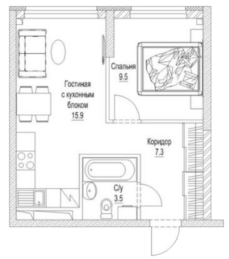 Планировка 2е-к. квартира 38.10 м² в ЖК «Сити-парк. Кемерово»