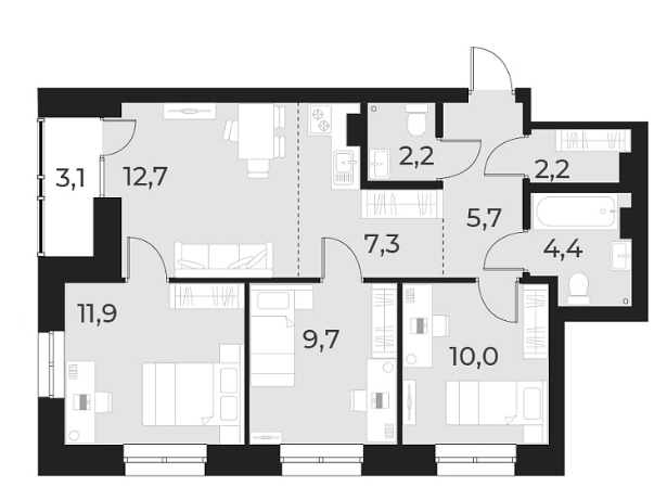 Планировка 4е-к.кв 66.10 м² в ЖК «Русское солнце»