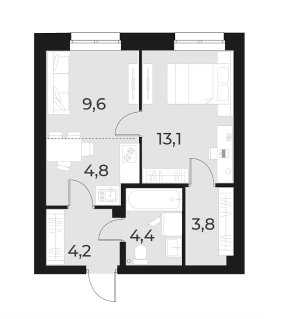 Планировка 2е-к.кв 39.90 м² в ЖК «Русское солнце»