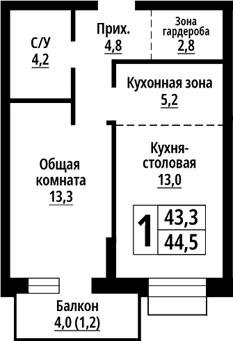 Планировка 2е-к.кв 43.30 м² в ЖК «Родные берега. Барнаул»