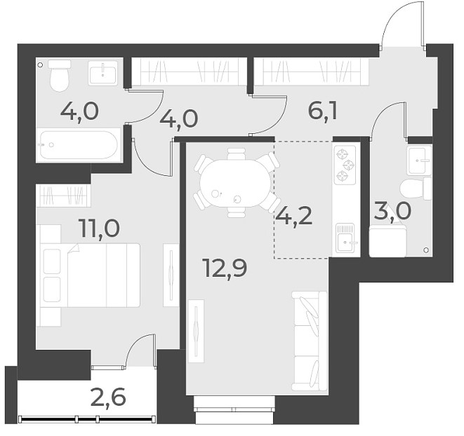 Планировка 2е-к.кв 45.20 м² в ЖК «Русское солнце»