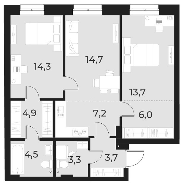 Планировка 3е-к.кв 72.30 м² в ЖК «Русское солнце»