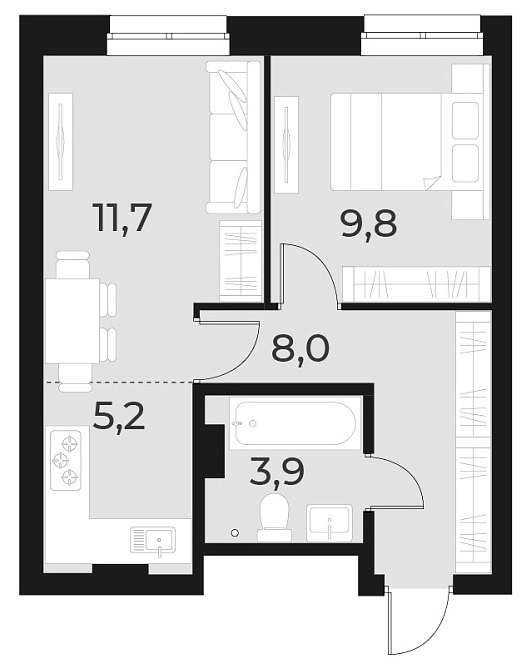 Планировка 2е-к.кв 38.60 м² в ЖК «Русское солнце»