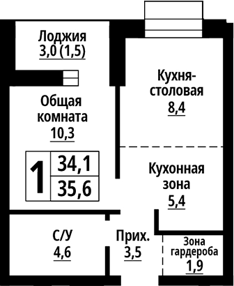 Планировка 2е-к. квартира 34.10 м² в ЖК «Родные берега. Барнаул»