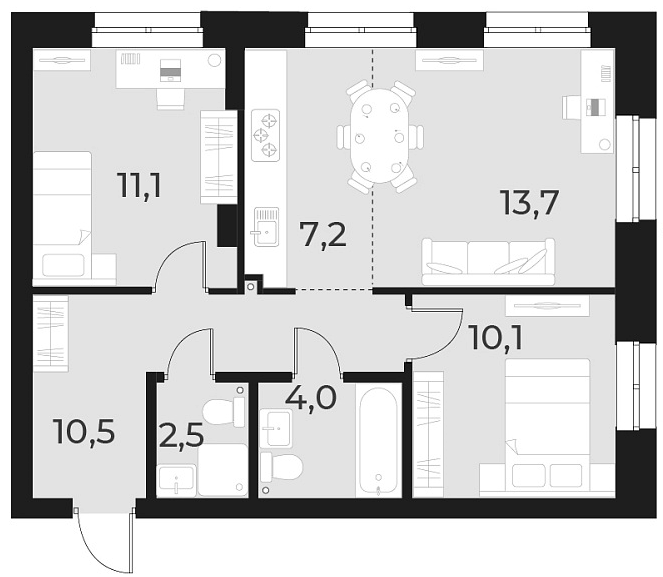 Планировка 3е-к.кв 59.10 м² в ЖК «Русское солнце»