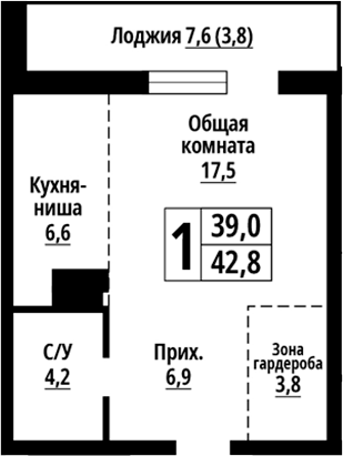 Планировка студии 39.00 м² в ЖК «Родные берега. Барнаул»