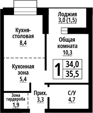 Планировка 2е-к.кв 34.00 м² в ЖК «Родные берега. Барнаул»